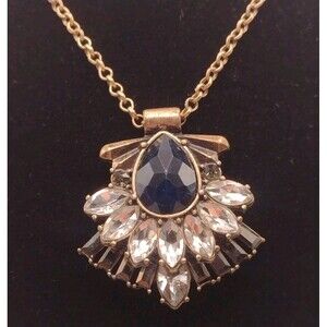 Vtg Mourning Teardrop Statement Pendant Blue Clear Rhinestone Crystal 30" Chain